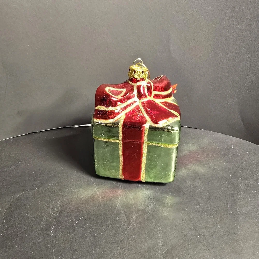Glass Present Gift Box Christmas Ornament Red Green Glitter Holiday‎ Decor